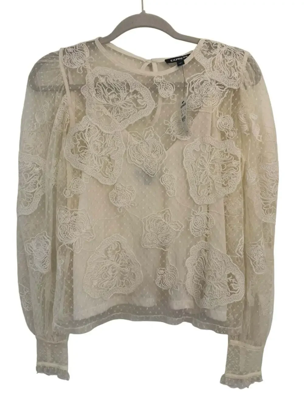 NWT Express Embroidered Floral Lace with Swiss Dot Sleeves and Cami Insert - Picture 3 of 9